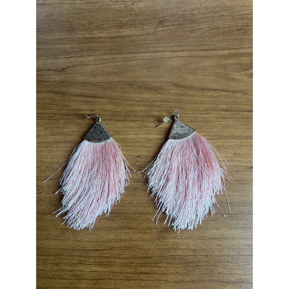 Pink Tassel Fringe Drop Earrings Hammered Silver Tone Boho Statement Jewelry